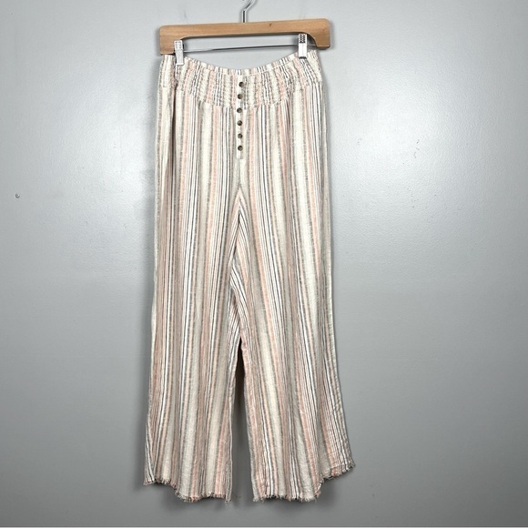 Cato Pants - Cato linen blend ivory peach & green striped smocked waist wide leg pants, Med.
